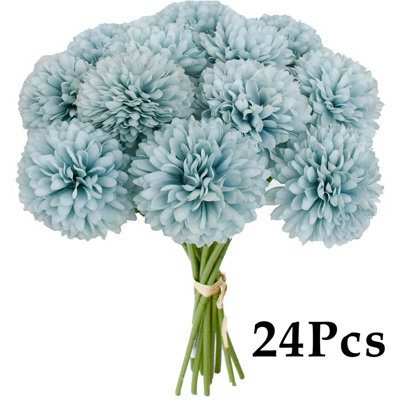 Amorly 24Pcs Artificial Pure Blue Ball Chrysanthemum Flowers Artificial Mums Flowers For Home Table Centerpiece Decor Silk Flowers - image 1