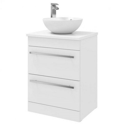 Clifton Bathroom 2-Drawer Floor Standing Vanity Unit With Sit-On Basin And Worktop 600mm Wide - White  - Brassware Not Included - image 1