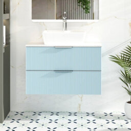 Royal Bathrooms Evora 800mm Powder Blue Fluted Wall Hung Vanity Unit 2 Drawer With Carrara White Undrilled Worktop - thumbnail 1