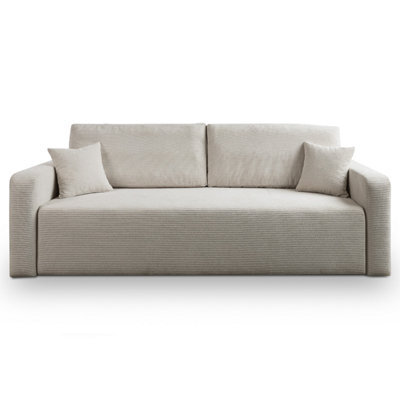 Furnishings For Less UK Mia 3 Seater Cream Cord Fabric Sofa Bed Full Back Versatile Pull Out Bed - image 1