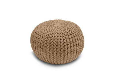 Knitted Pouffe Chunky Round Footstool Ottoman 100% Cotton Handmade Tan