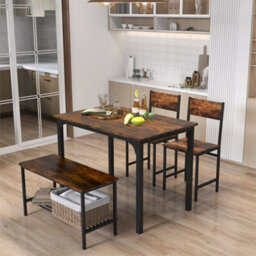 4 Pcs Dining Table Set With 2 Chairs And Bench Black Metal Grey - thumbnail 3