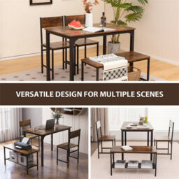 4 Pcs Dining Table Set With 2 Chairs And Bench Black Metal Grey - thumbnail 5