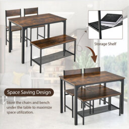 4 Pcs Dining Table Set With 2 Chairs And Bench Black Metal Grey - thumbnail 6