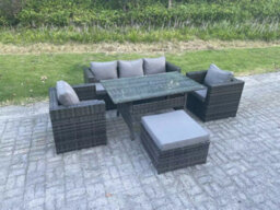 Fimous 6 Seater Pe Wicker Rattan Garden Furniture Set Lounge Sofa Chair And Rectangular Dining Table Set Big Footstools - thumbnail 2