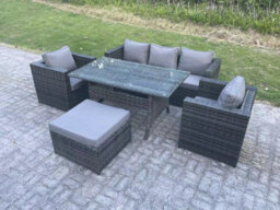 Fimous 6 Seater Pe Wicker Rattan Garden Furniture Set Lounge Sofa Chair And Rectangular Dining Table Set Big Footstools - thumbnail 1