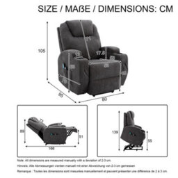 Btm Electric Riser Recliner Chair 80X95X105Cm, Lift Chair With Heat & Massage, 2 Cup Holders, Side Pockets & Remote, Grey - thumbnail 6