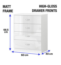 Harmin High Gloss 4 Drawer Chest - Height 68.5 Cm X Width 60 Cm X Depth 40 Cm (White On Matt White) - thumbnail 2