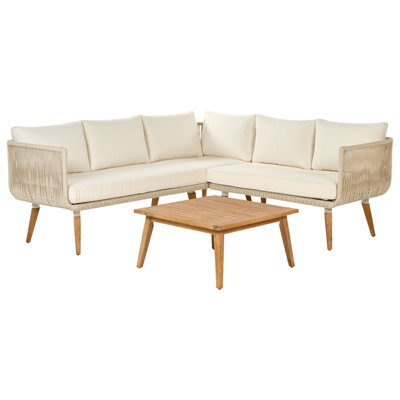 Beliani Garden Corner Sofa With Table 5 Seater Alcamo Left Hand Acacia Wood Light Beige - image 1