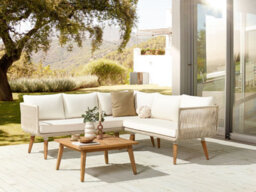 Beliani Garden Corner Sofa With Table 5 Seater Alcamo Left Hand Acacia Wood Light Beige - thumbnail 2