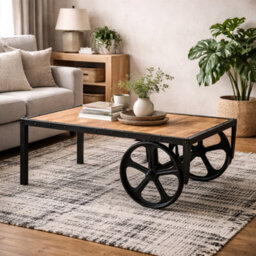 Wyld Haus Toivakka Industrial Reclaimed Wood And Metal Coffee Table With Wheels - thumbnail 1