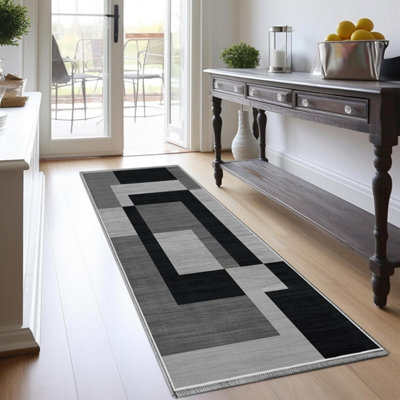 Bedlooms Milo Black Grey Living Area Runner Rugs, Non-Slip Modern Area Medium Rug 60X110Cm, Washable Dining Room Rug
