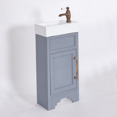 Homestylestore Light Grey 400mm Bathroom Vanity Unit With Basin And Aged Bronze T Bar Handles - image 1
