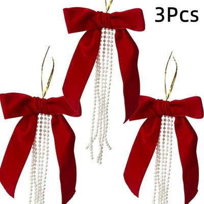 Amorly 3 Pack Red Velvet Bow With Pearls, 15Cm Large Flocked Bow Ornament With Beaded Tassel For Christmas Tree Wreath Garland Decor - image 1