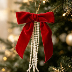 Amorly 3 Pack Red Velvet Bow With Pearls, 15Cm Large Flocked Bow Ornament With Beaded Tassel For Christmas Tree Wreath Garland Decor - thumbnail 7