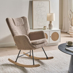 Wyld And Coco Taupe Boucle Rocking Chair With Rubberwood Legs - Scandinavian, Nursery And Living Room Armchair - thumbnail 2