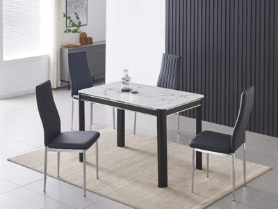 Furnizone UK Milano 4-Seater White Marble-Effect Glass Dining Table And 4 Monza Black Faux Leather Chairs - image 1