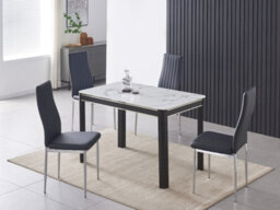 Furnizone UK Milano 4-Seater White Marble-Effect Glass Dining Table And 4 Monza Black Faux Leather Chairs