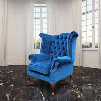 Chesterfield High Back Wing Chair Velluto Royal Blue Fabric In Queen Anne Style - image 1
