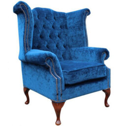 Chesterfield High Back Wing Chair Velluto Royal Blue Fabric In Queen Anne Style - thumbnail 3