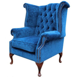 Chesterfield High Back Wing Chair Velluto Royal Blue Fabric In Queen Anne Style - thumbnail 2