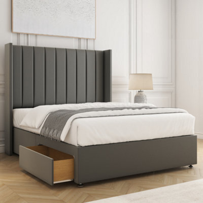Bsspoke Hannah Divan Bed Set Grey Plush Velvet 54Inch Wingedback Headboard & 2 Drawers Footend No Mattress In 4Ft 4Ft6 5Ft 6Ft - image 1