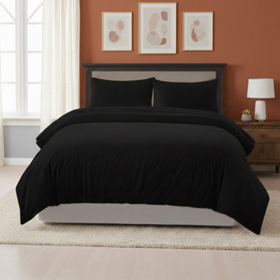 Embossed Stripe Duvet Cover Soft Microfibre Bedding With Pillowcases Black - image 1