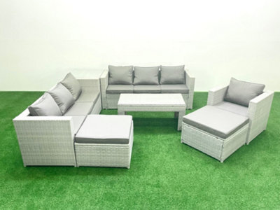 Fimous Wicker Pe Rattan Sofa Garden Furniture Set Oblong Coffee Table Armchair 2 Big Stools Side Table Light Grey - image 1