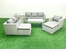 Fimous Wicker Pe Rattan Sofa Garden Furniture Set Oblong Coffee Table Armchair 2 Big Stools Side Table Light Grey - thumbnail 2