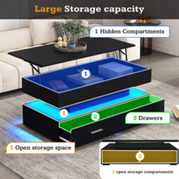 Btm Hydraulic Lift Top Coffee Table Black With Led Lights Two Drawers And Storage For Living Room - thumbnail 3