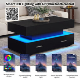 Btm Hydraulic Lift Top Coffee Table Black With Led Lights Two Drawers And Storage For Living Room - thumbnail 2