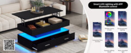 Btm Hydraulic Lift Top Coffee Table Black With Led Lights Two Drawers And Storage For Living Room - thumbnail 4