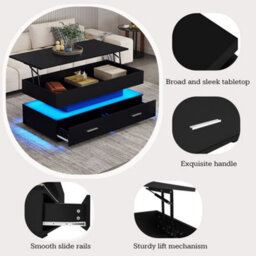 Btm Hydraulic Lift Top Coffee Table Black With Led Lights Two Drawers And Storage For Living Room - thumbnail 6