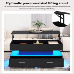 Btm Hydraulic Lift Top Coffee Table Black With Led Lights Two Drawers And Storage For Living Room - thumbnail 5