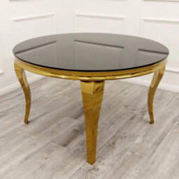 Stratus Interiors Gold Louis Dining Table With Gold Long Metal Legs - Doorstep Delivery Only No Assembly - 1.8 Mt - Grey Glass