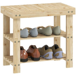 Homcom 3-Tier Bamboo Shoe Bench With 2 Shelves For Entryway, Wood Finish - thumbnail 2