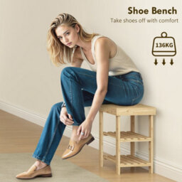 Homcom 3-Tier Bamboo Shoe Bench With 2 Shelves For Entryway, Wood Finish - thumbnail 5