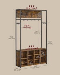 LEDREM Hall Tree With Bench And Shoe Storage, Coat Rack With Shoe Bench, Hallway Furniture,  Rustic Brown And Ink Black - thumbnail 7