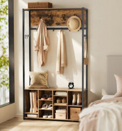 LEDREM Hall Tree With Bench And Shoe Storage, Coat Rack With Shoe Bench, Hallway Furniture,  Rustic Brown And Ink Black - thumbnail 1