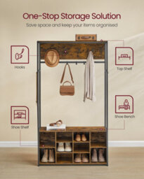 LEDREM Hall Tree With Bench And Shoe Storage, Coat Rack With Shoe Bench, Hallway Furniture,  Rustic Brown And Ink Black - thumbnail 4