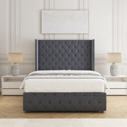 "Bsspoke Ruby Divan Bed Set In Steel Plush Velvet With 54"" Headboard & Footboard Mattress & No Drawers In Double King 4Ft 6Ft"