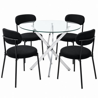Oira Homes Modern 4 Seater Dining Table Set With Round Glass Dining Table And 4 Black Velvet Chairs - image 1