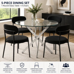 Oira Homes Modern 4 Seater Dining Table Set With Round Glass Dining Table And 4 Black Velvet Chairs - thumbnail 3