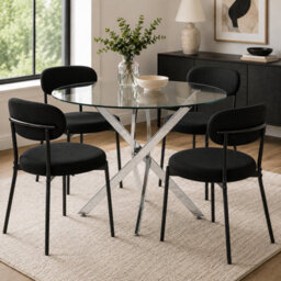 Oira Homes Modern 4 Seater Dining Table Set With Round Glass Dining Table And 4 Black Velvet Chairs - thumbnail 2