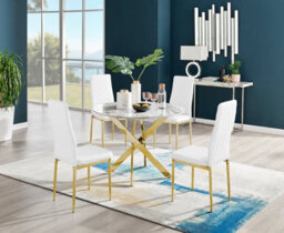 Furniturebox Novara White Marble Effect 100Cm Round Dining Table With Gold Starburst Legs & 4 White Milan Faux Leather Chairs
