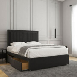 REGIONAL FURNISHINGS Black Plush Velvet Divan Bed Set Upholstered 24Inch Headboard & Mattress No Drawers In Single Double King 4Ft6 6Ft Sizes