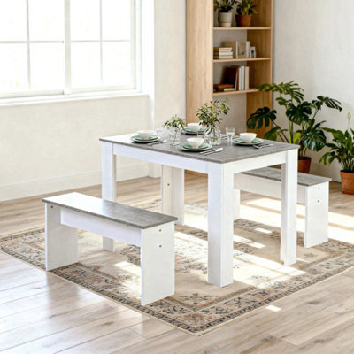 3-Piece Dining Table And Bench Set (Grey And White) - image 1