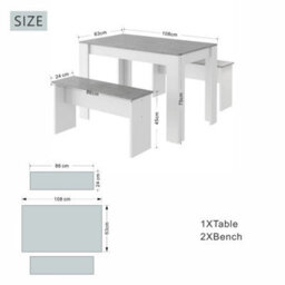 3-Piece Dining Table And Bench Set (Grey And White) - thumbnail 2