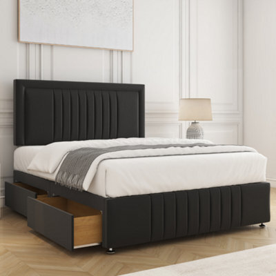 Bsspoke Lily Divan Bed Set Black Plush Velvet 24Inch Headboard & Footboard & 2 Drawers Same Side & Mattress In All Sizes - image 1