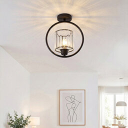 Komore Black Iron Circular Frame Ceiling Light Crystal Flush Light - thumbnail 1